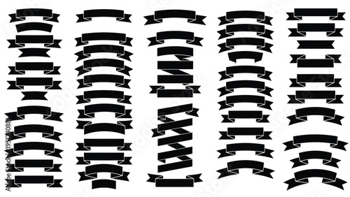 An array of decorative ribbon banners with star details in black and white