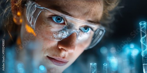 Close up scientist face with safety glasses examining dna samples in laboratory with biotechnology research concept