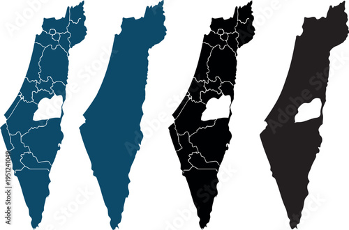 Set of israel maps with districts and blank silhouette outlines in blue and black colors