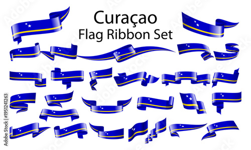 Curaçao Flag Background with Blue Yellow Ribbon and Caribbean Island Elements