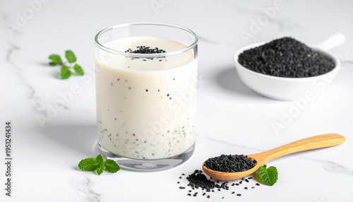 Glass of sesame milk with garnish