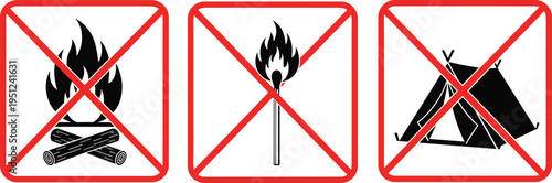 No campfire match tent prohibition safety silhouette illustration design, warning artwork concept, outdoor regulation theme, environment symbol, restriction graphic image