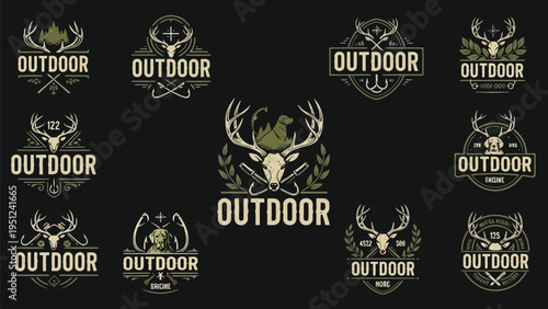 Collection of vintage outdoor badges with deer antlers and rustic designs