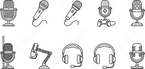 Microphone icon set vector illustration with studio condenser mic headphones gaming headset and podcast equipment line art for audio recording