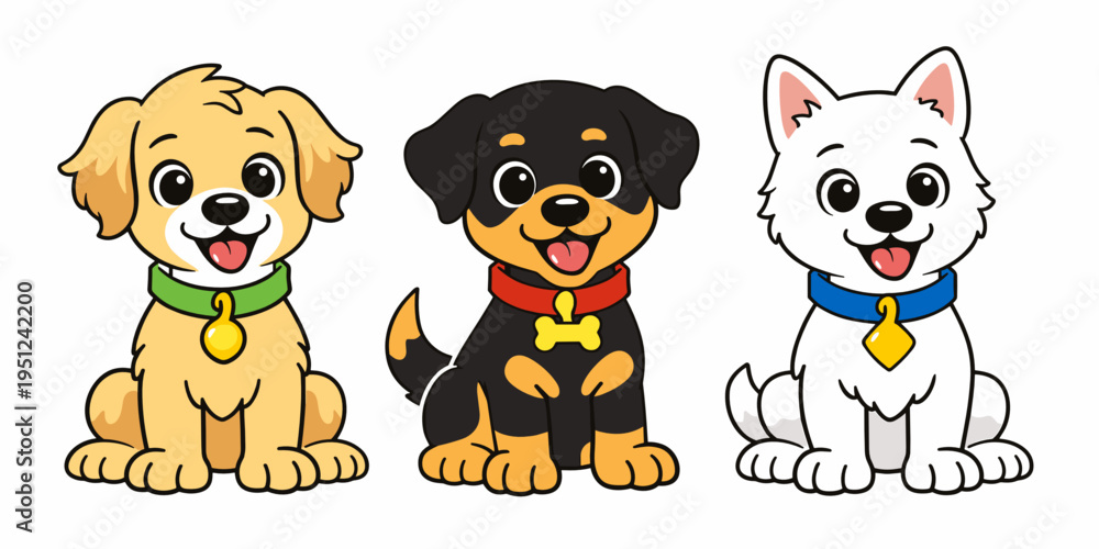 Obraz premium Set of three small puppies in cream, black, and white fur, each wearing a collar and tag. Charming dog bundle for nursery art, pet shop visuals, stickers, and rescue themes.