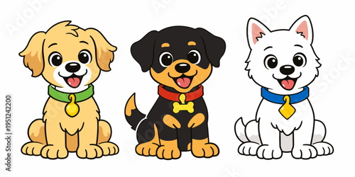 Set of three small puppies in cream, black, and white fur, each wearing a collar and tag. Charming dog bundle for nursery art, pet shop visuals, stickers, and rescue themes.