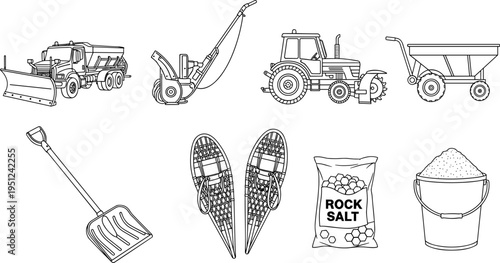 Snow removal equipment icon set featuring snow plow truck, snowblower, tractor, shovel, rock salt bag, snowshoes, and winter maintenance tools.