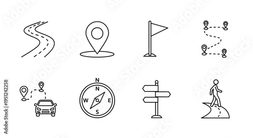 Essential icons representing different aspects of navigation and travel guidance Vector