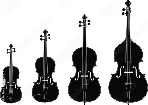 Violin family silhouette vector illustration set, featuring cello, double bass, viola, and violin string instruments for orchestra and classical music design.