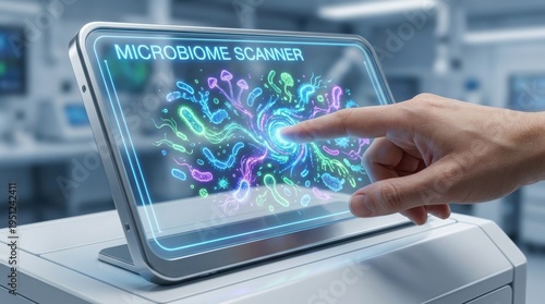 Hand interacting with futuristic microbiome scanner on digital tablet in lab setting