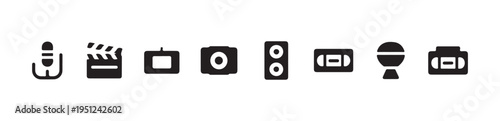 Set of ten simple black outline icons representing various audio video and recording equipment