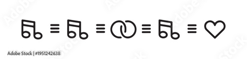 Musical note equals heart symbol linked with eternity rings in conceptual symbolic sequence design