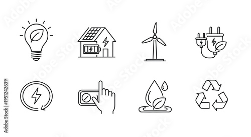 Icons representing various sustainable and renewable energy sources and practices Vector