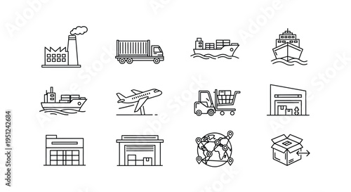 Illustrations of key elements in global supply chain and logistics operations Vector