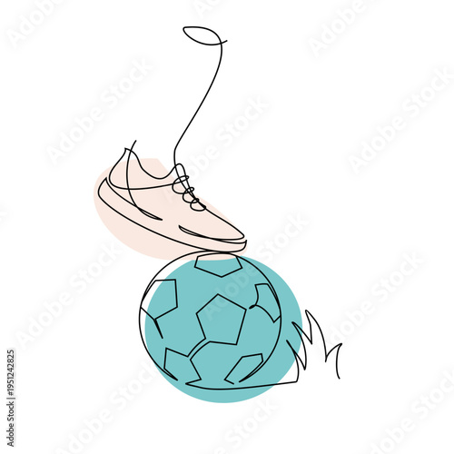 Continuous Line Art Drawing of a Soccer Shoe on a Football with Abstract Pastel Shapes