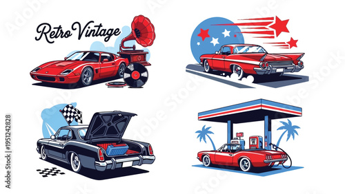 Vintage automobiles and retro gas station illustrations in a stylish design