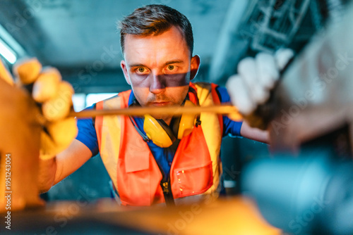 Photos Technician Adjusting Heavy Industrial Machine in Traditional Metal Workshop