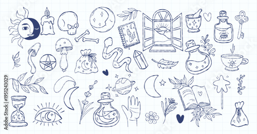Outline Mystical Witch Accessories Hand Drawn. Isolated Magic textured doodles on Checkered Paper background. Vector Illustration for occult, fantasy and Halloween design 