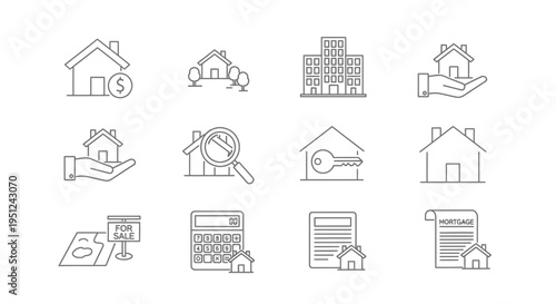 Illustrations depicting various aspects of real estate transactions and property management Vector