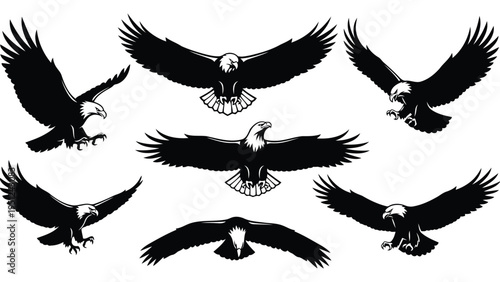A collection of majestic bald eagle silhouettes in dynamic flight poses