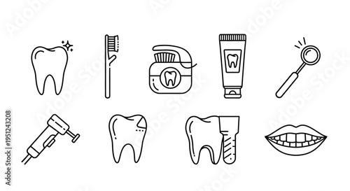 Essential icons representing dental hygiene and dental care procedures Vector
