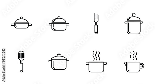 Assorted kitchen utensils and cookware icons in a minimalist style Vector
