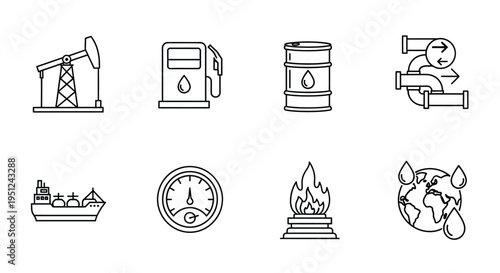 Illustrations depicting various stages and aspects of the oil industry lifecycle Vector