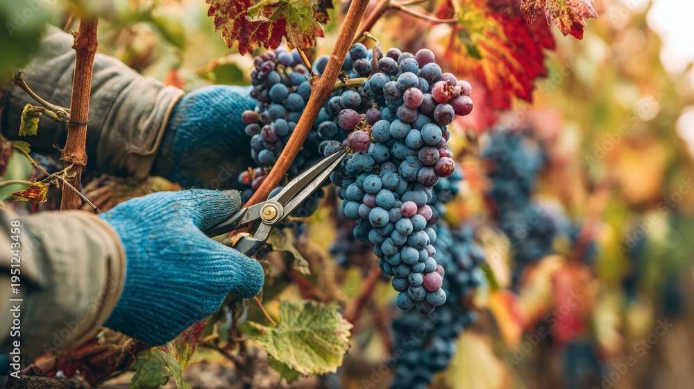 Fototapeta premium A vineyard worker thinning grape clusters with pruning scissors to improve wine grapes.