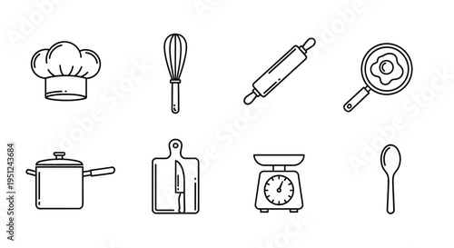 Essential kitchen tools and chef accessories illustrated in minimalist style Vector