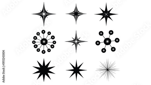 Collection of abstract black starburst and sparkle designs on a white background