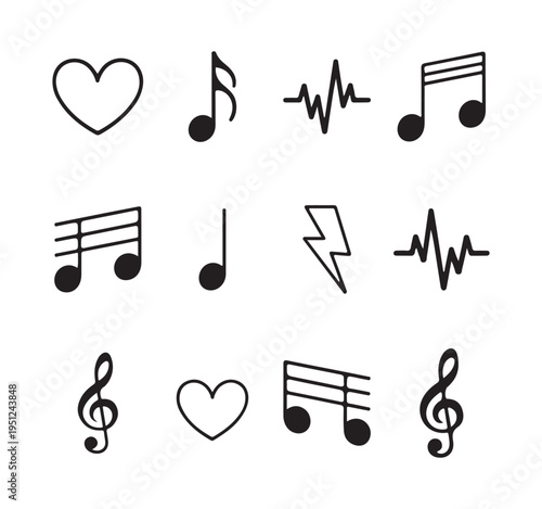 Set of various music and heart related symbols including notes, heartbeats, and clefs