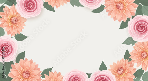 Elegant Floral Frame with Pink Roses and Peach Dahlias for Wedding Invitations