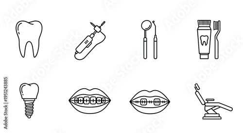 Essential dental care and orthodontic treatment icons collection Vector