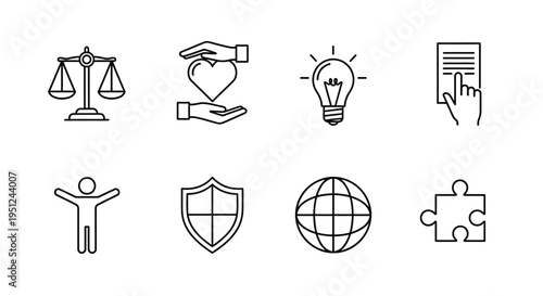 Eight icons representing various concepts and values in modern society Vector