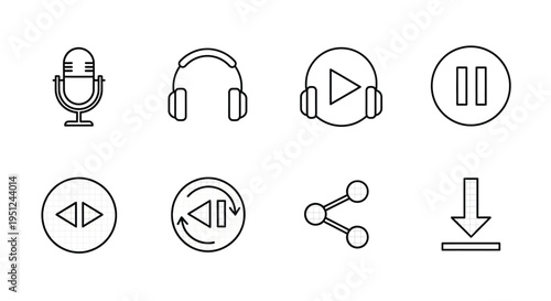 Collection of icons representing audio and media control functions and connectivity Vector