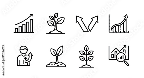 Icons representing growth, development, and analytical progress in business contexts Vector