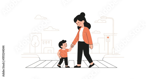 Mother and Child Holding Hands Crossing a Street at a Zebra Crosswalk, Minimalist Vector Illustration for Road Safety and Parenting Concepts