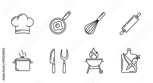 Essential kitchen tools and cooking equipment icons Vector