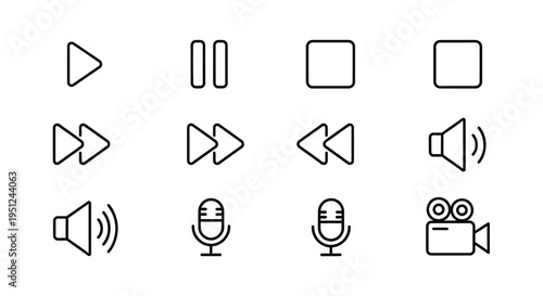 Common media player and recording control icons displayed in a grid layout Vector