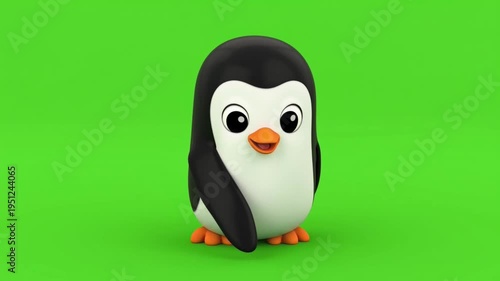 Adorable cartoon penguin character animation on green screen background