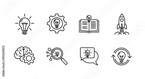 Collection of icons representing innovation, creativity, and intellectual processes Vector