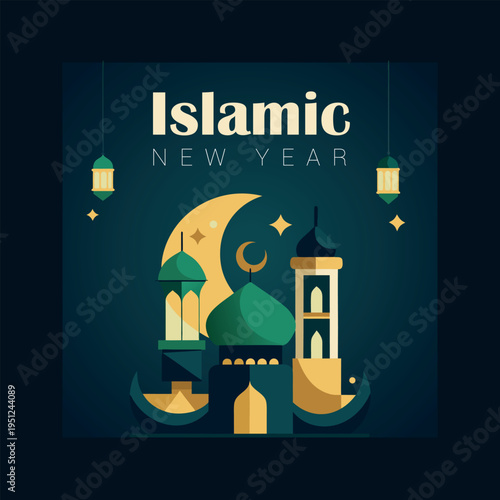Islamic new year celebration with mosque and crescent moon
