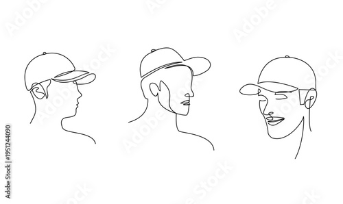 Continuous Line Drawing Set of Man in Baseball Cap in Various Poses