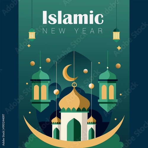 Islamic new year celebration with mosque and crescent moon