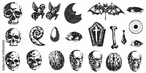 An assortment of spooky hand drawn halloween and gothic imagery