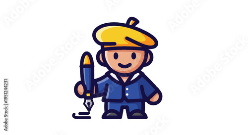Cartoon artist character with pen isolated on white background