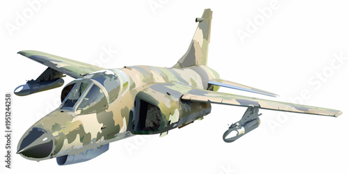 A camouflaged hawker hunter fighter jet viewed from a low angle