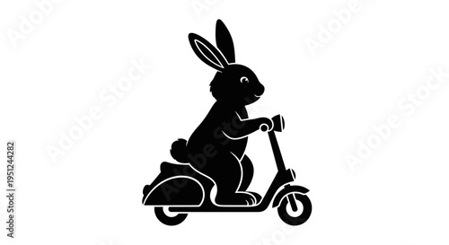 Easter Black vector rabbit riding scooter icon isolated on White Background vector