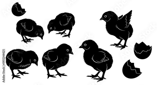 Easter Set of 8 black chick icons vector isolated on White Background vector