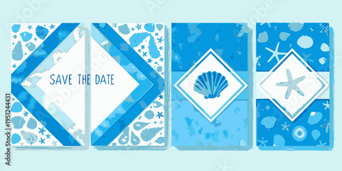 A set of four save the date cards with a coastal theme